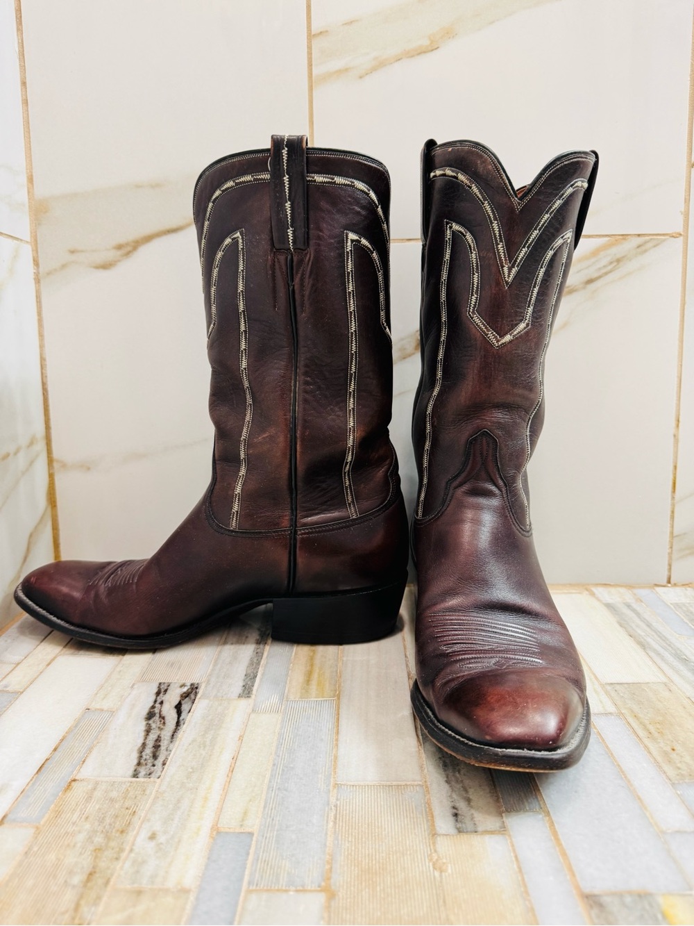 Lucchese Men’s Vintage Western Cowboy Boots cherry Leather Size 9.5D Style 1307 - Picture 5 of 16